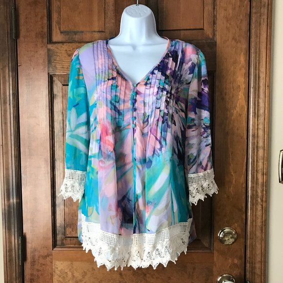 FINAL DAY - FINAL PRICE Adiva Multi-Color Chiffon Top w/Lavender Camisole Large - Picture 1 of 15